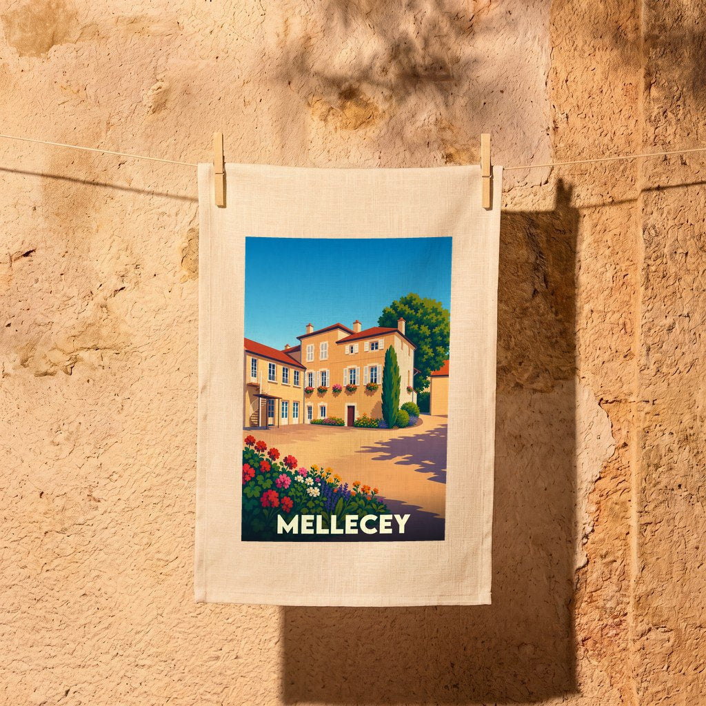 Torchon souvenir de la ville de Mellecey illustré d'une scène villageoise ensoleillée et fleurie.
