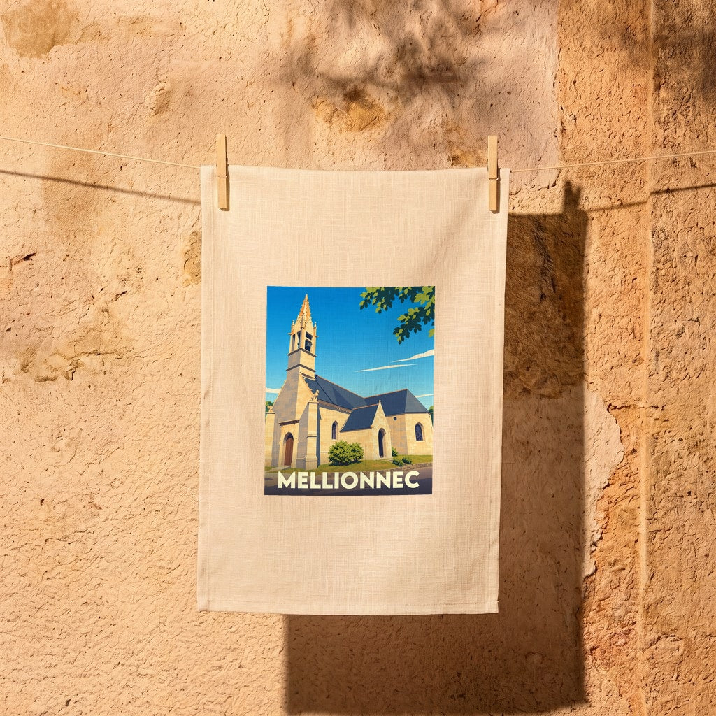 Torchon souvenir de la ville de Mellionnec avec une illustration stylisée de son église.