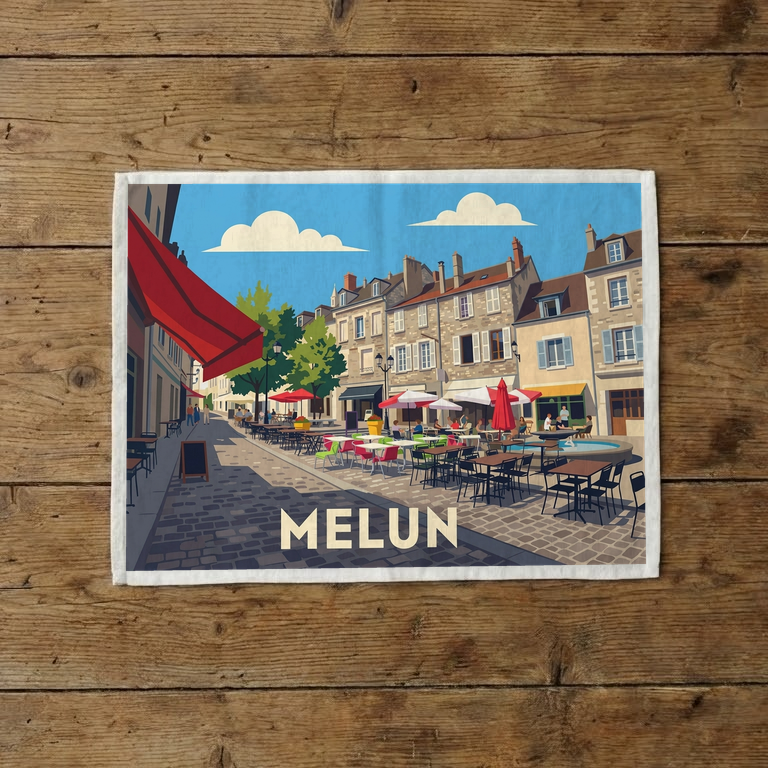 Torchon souvenir de la ville de Melun avec une illustration stylisée de ses rues et terrasses.