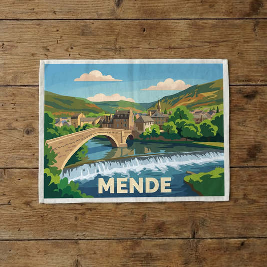Torchon souvenir de la ville de Mende avec une illustration stylisée.