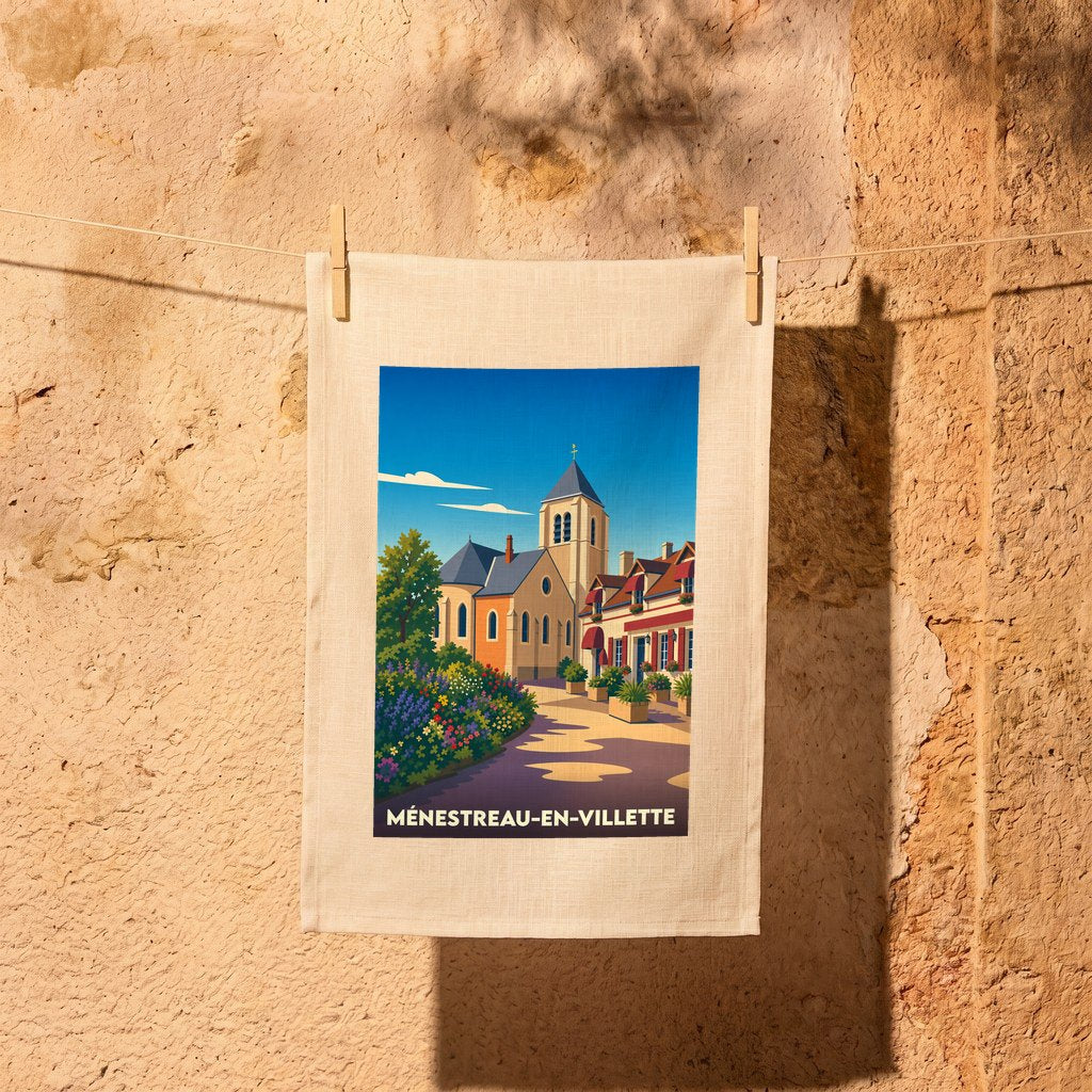 Torchon souvenir de la ville de Ménestreau-en-Villette avec une illustration stylisée de son église et de ses maisons fleuries.