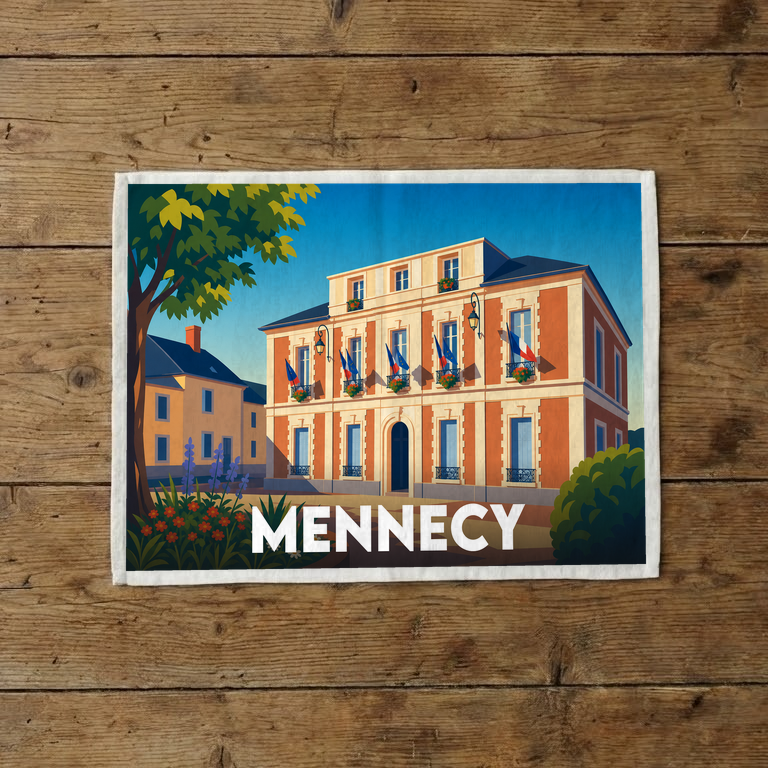 Torchon souvenir de la ville de Mennecy avec une illustration stylisée de sa mairie.