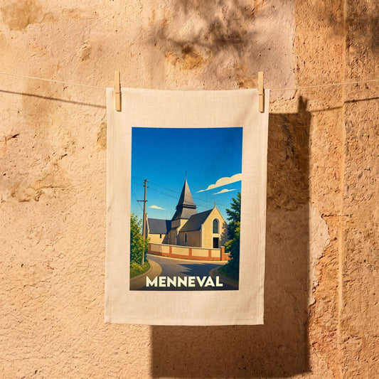 Torchon souvenir de la ville de Menneval orné d'une illustration stylisée de son église.