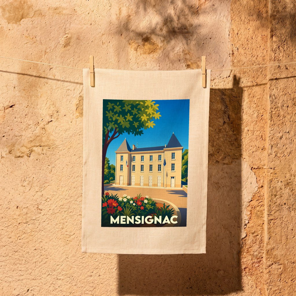 Torchon souvenir de la ville de Mensignac avec une illustration stylisée d'un bâtiment historique.