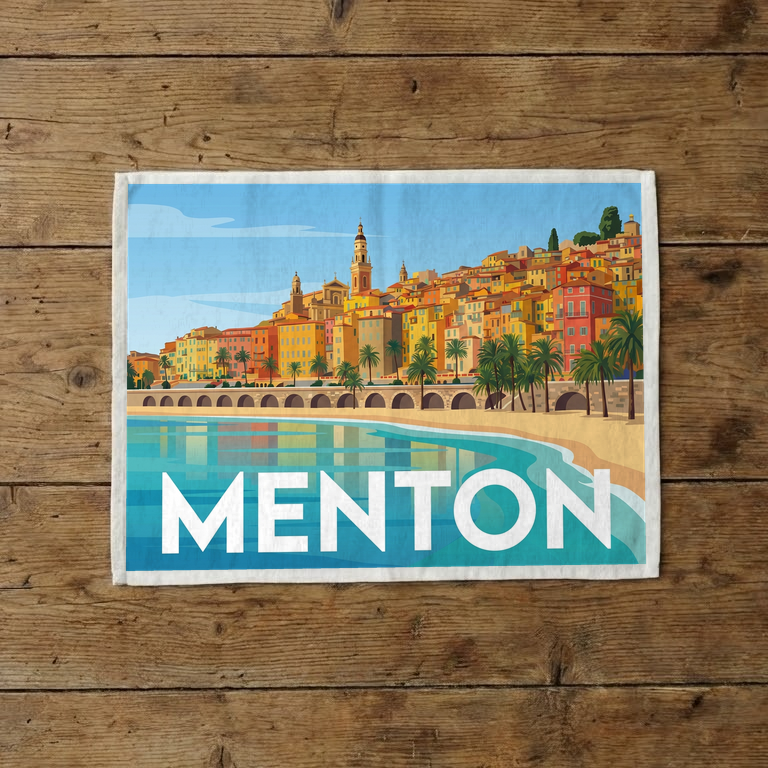 Torchon souvenir de la ville de Menton avec une illustration stylisée de son front de mer coloré.