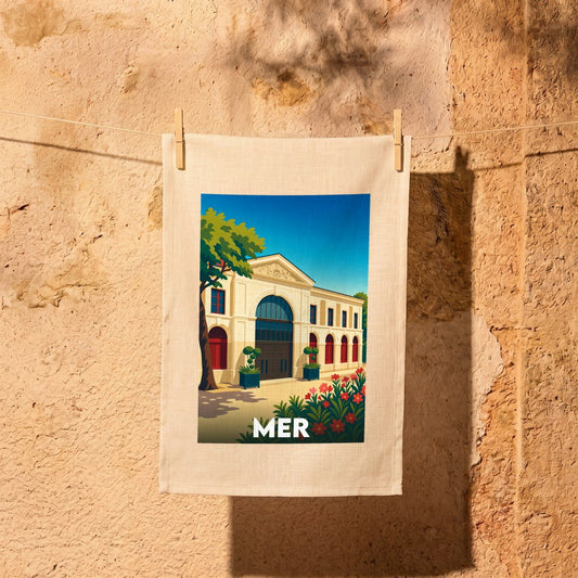 Torchon souvenir de la ville de Mer avec une illustration stylisée de son architecture.