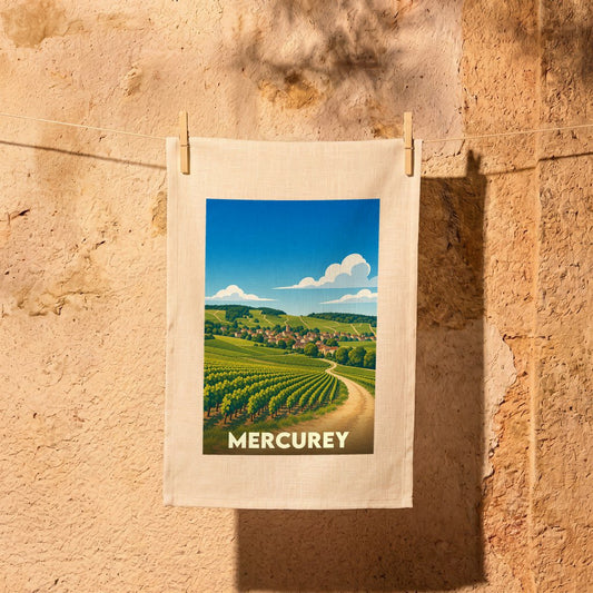 Torchon souvenir de la ville de Mercurey illustré d'un paysage de vignobles stylisé.