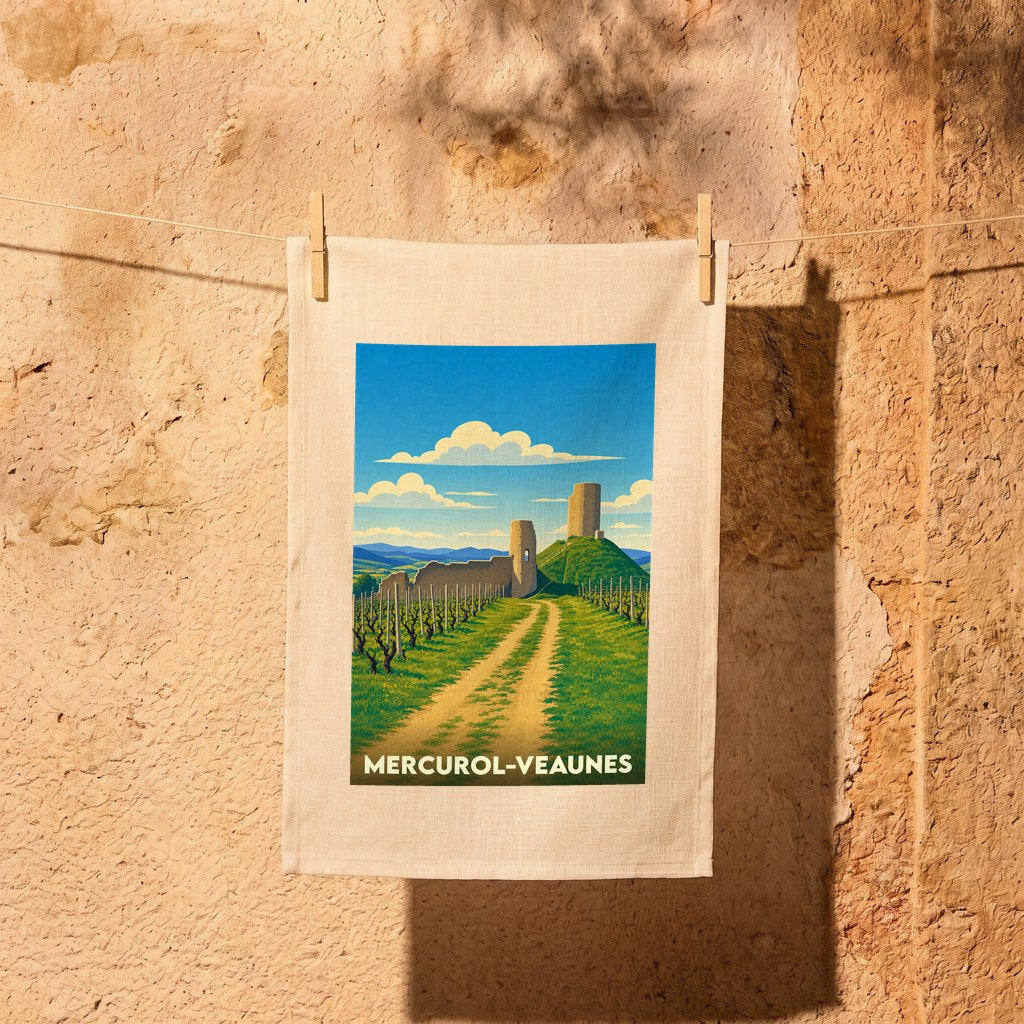 Torchon de cuisine souvenir de la ville de Mercurol-Veaunes arborant une illustration stylisée de son paysage et de son patrimoine.