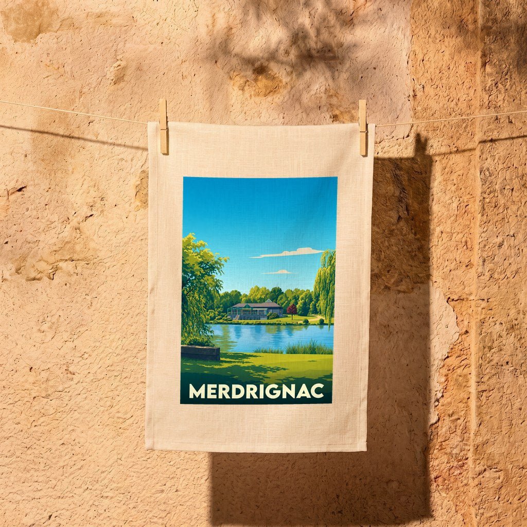 Torchon souvenir de la ville de Merdrignac avec une illustration stylisée d'un paysage de bord de lac.