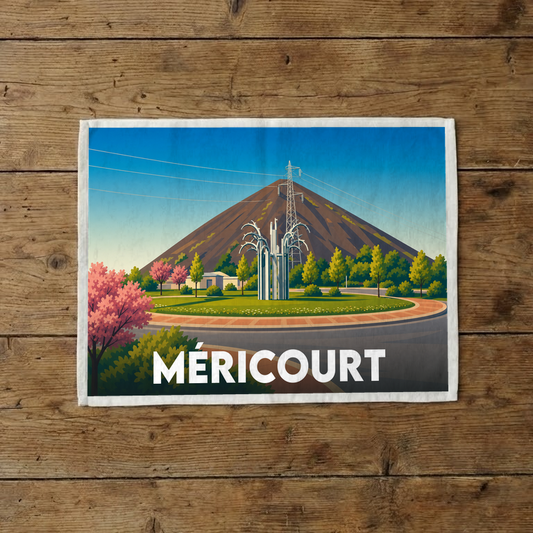 Torchon souvenir de la ville de Méricourt illustrant un terril et une sculpture stylisée dans un paysage coloré.