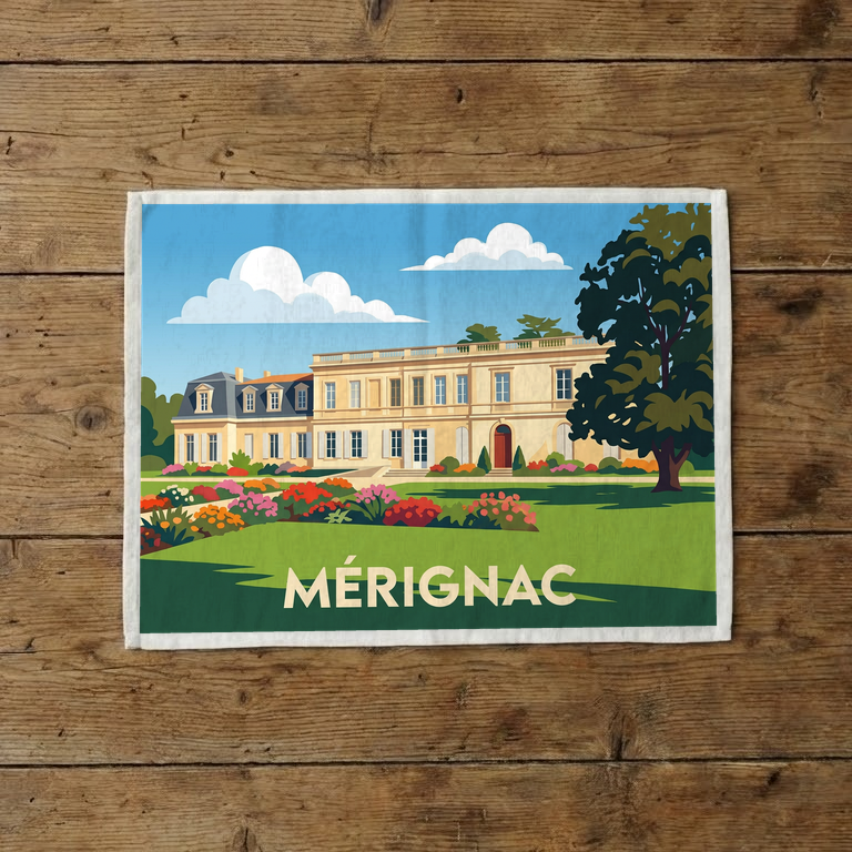 Torchon souvenir de la ville de Mérignac avec une illustration stylisée d'une demeure historique.