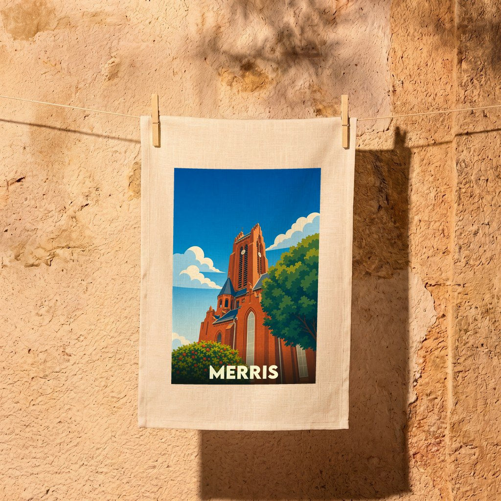 Torchon souvenir de la ville de Merris avec une illustration stylisée d'une église en briques.