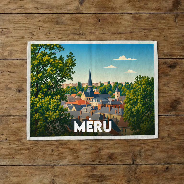Torchon souvenir de la ville de Méru avec une illustration stylisée de son clocher et de ses toits.