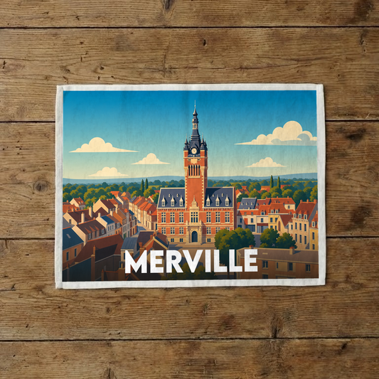 Torchon souvenir de la ville de Merville illustrant son hôtel de ville dans un style graphique rétro.