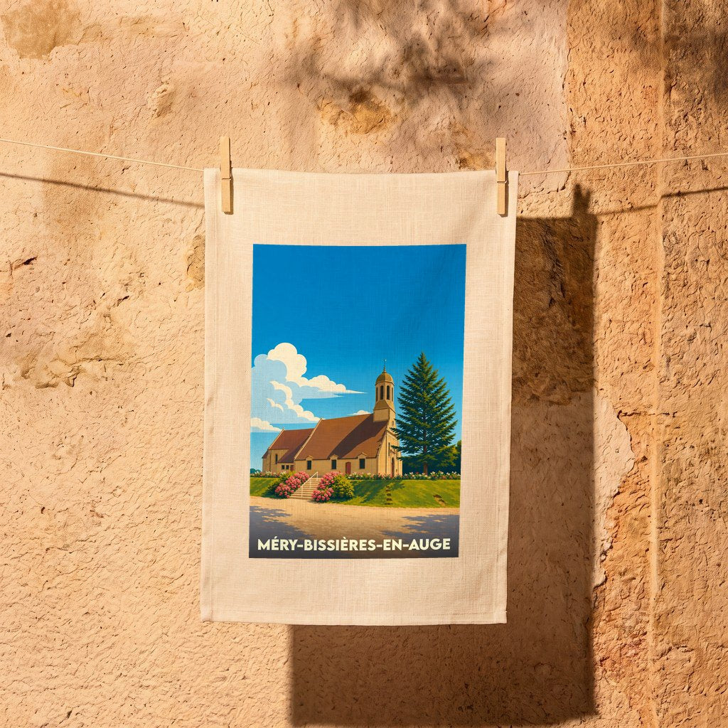 Torchon souvenir de la ville de Méry-Bissières-en-Auge avec une illustration stylisée de son église.