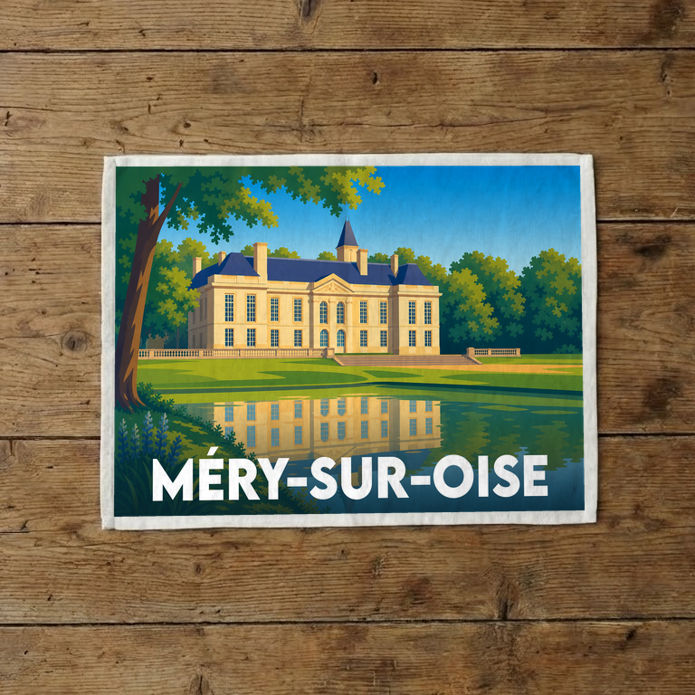 Torchon souvenir de la ville de Méry-sur-Oise avec une illustration stylisée du château et de son parc.