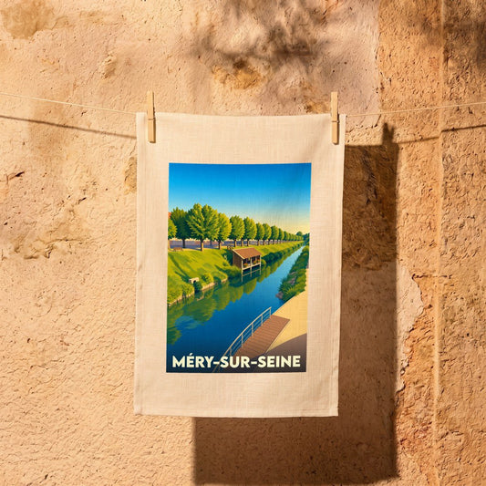 Torchon souvenir de la ville de Méry-sur-Seine avec une illustration stylisée d'un canal bordé d'arbres.