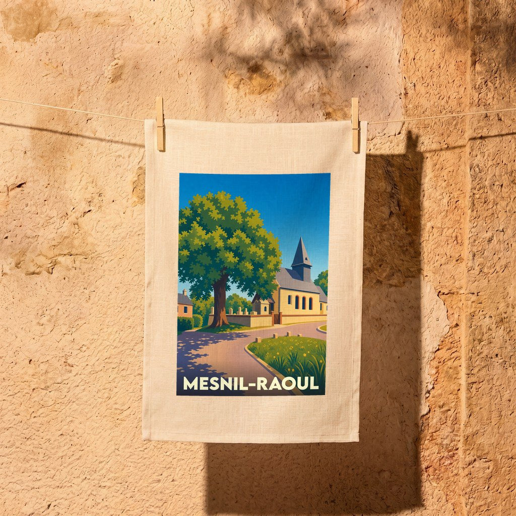 Torchon souvenir de la ville de Mesnil-Raoul orné d'une illustration stylisée de son église et de son paysage.