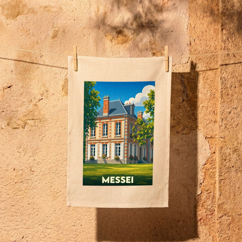 Torchon souvenir de la ville de Messei avec une illustration stylisée d'une grande demeure bourgeoise.