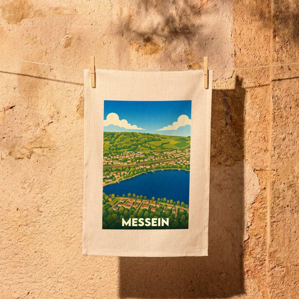 Torchon souvenir de la ville de Messein avec une illustration stylisée.