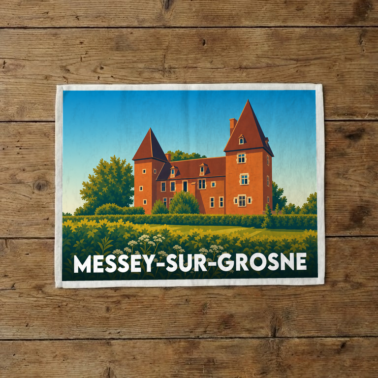 Torchon souvenir de la ville de Messey-sur-Grosne avec une illustration stylisée d'un château.