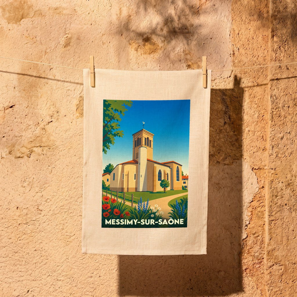 Torchon souvenir de la ville de Messimy-sur-Saône avec une illustration stylisée de son église.