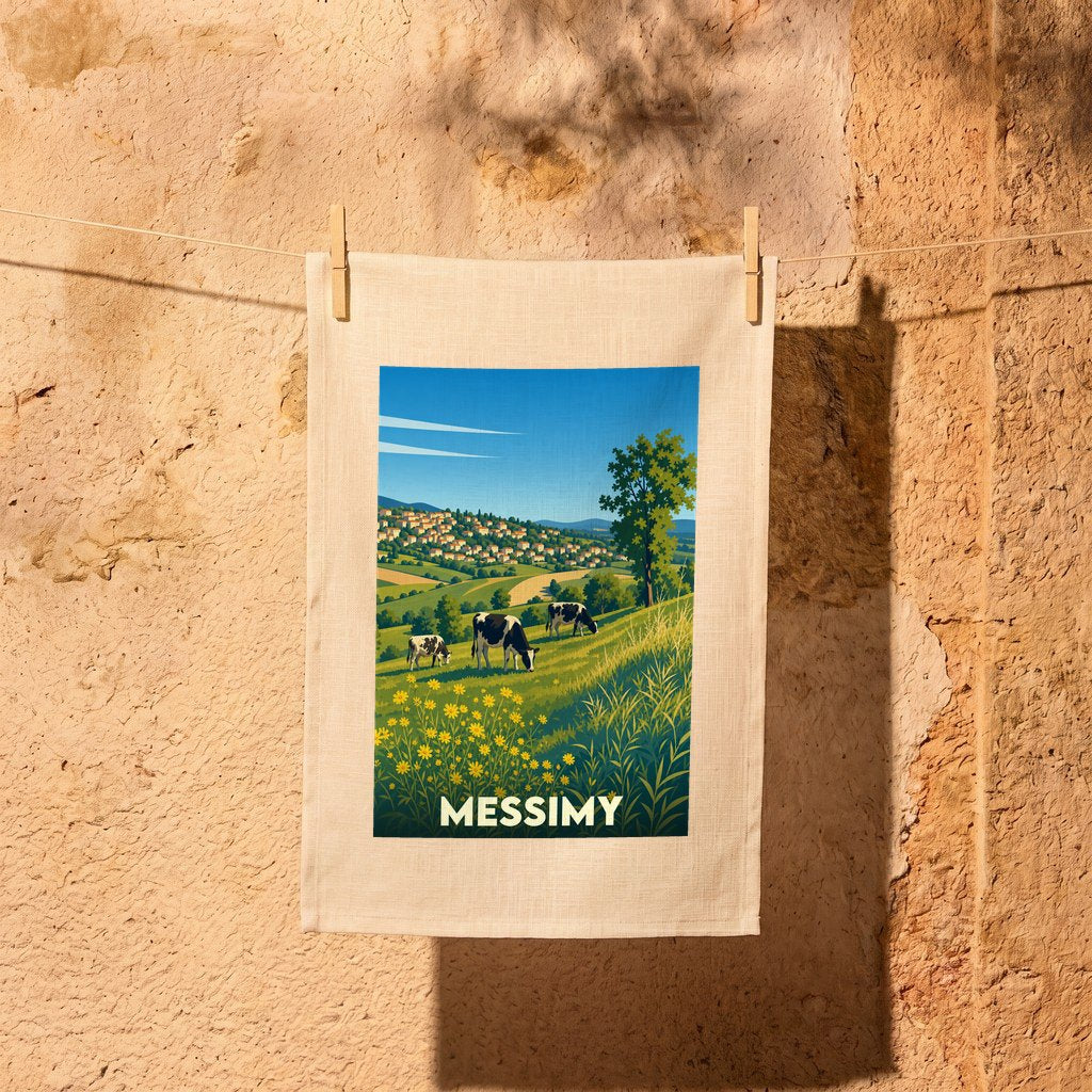 Torchon souvenir de la ville de Messimy avec une illustration stylisée de vaches dans un paysage vallonné.