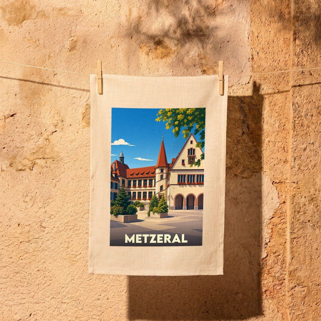 Torchon souvenir de la ville de Metzeral avec une illustration stylisée de son architecture traditionnelle.