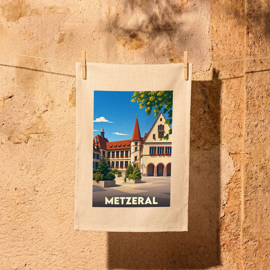 Torchon souvenir de la ville de Metzeral avec une illustration stylisée de son architecture traditionnelle.