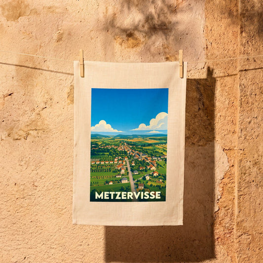 Torchon souvenir de la ville de Metzervisse avec une illustration paysagère stylisée.
