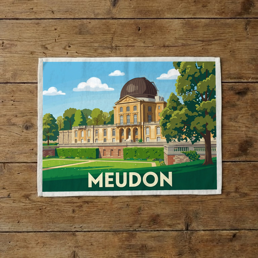 Torchon souvenir de la ville de Meudon avec une illustration stylisée.