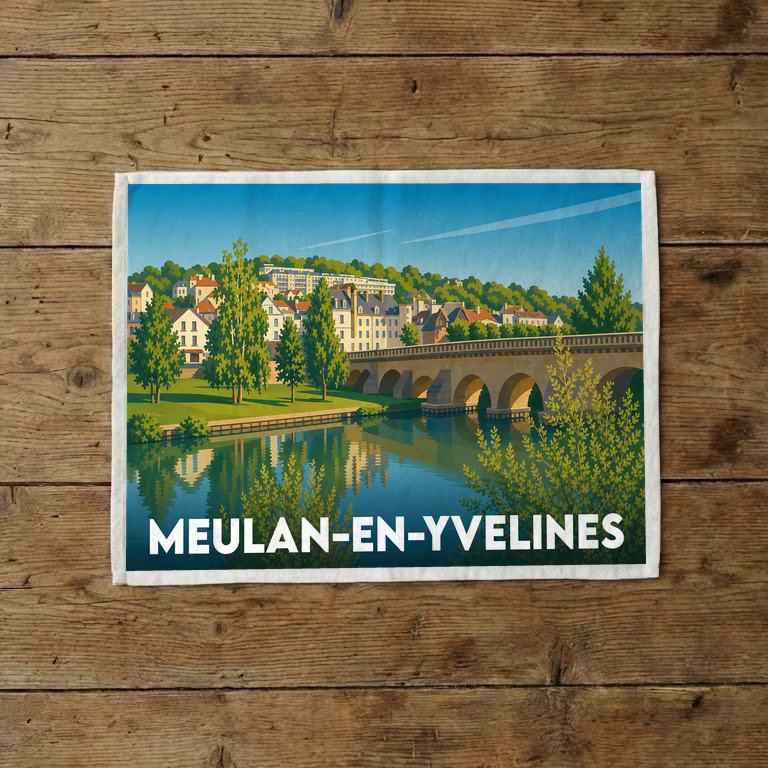 Torchon souvenir de la ville de Meulan-en-Yvelines avec une illustration stylisée d'un pont enjambant la Seine.