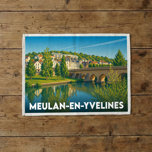 Torchon souvenir de la ville de Meulan-en-Yvelines avec une illustration stylisée d'un pont enjambant la Seine.