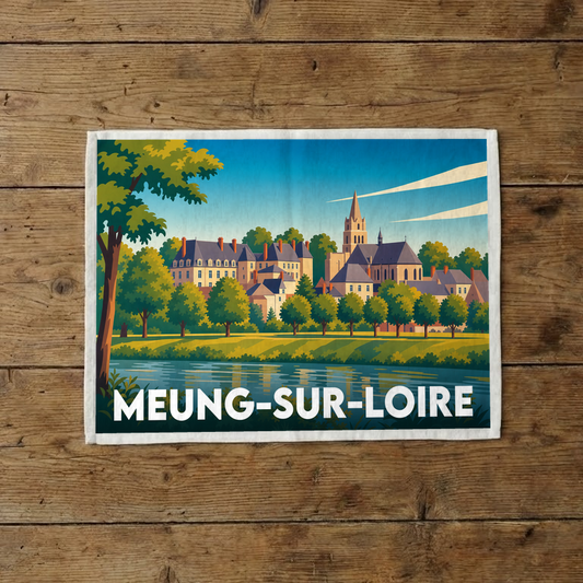 Torchon souvenir de la ville de Meung-sur-Loire avec une illustration stylisée.