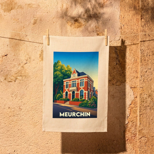 Torchon souvenir de la ville de Meurchin illustré d'une vue stylisée de l'hôtel de ville.
