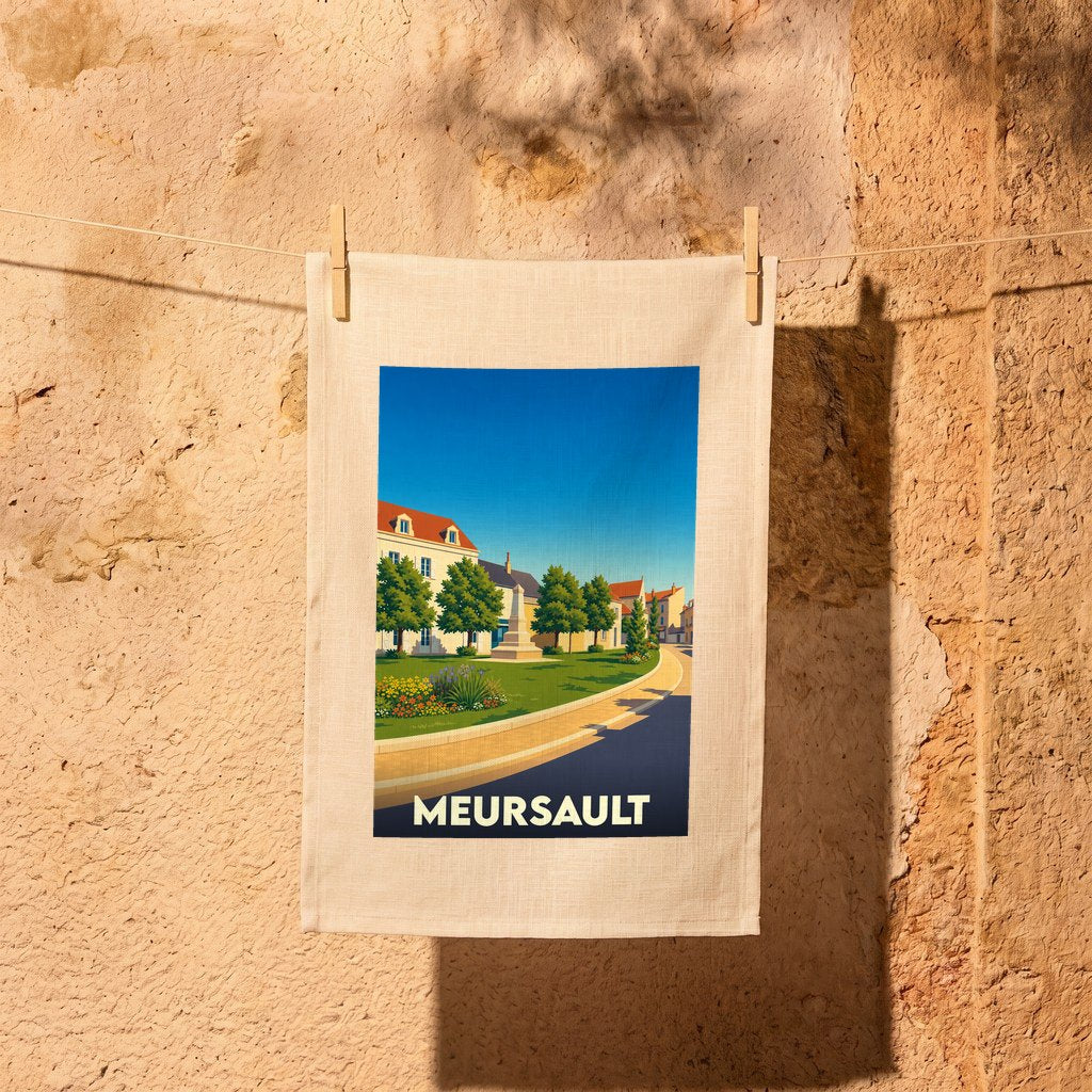 Torchon souvenir de la ville de Meursault illustré d'une vue stylisée de sa place centrale.