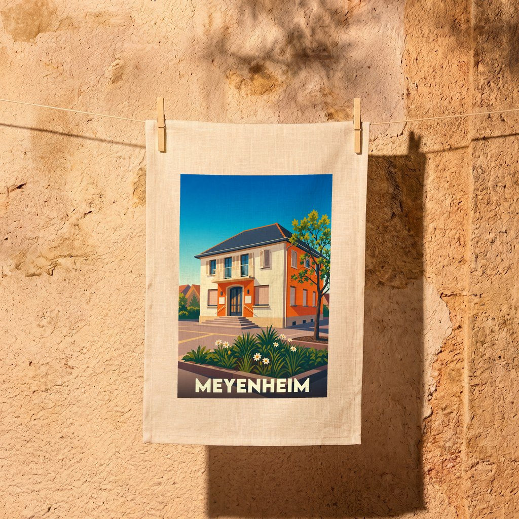Torchon souvenir de la ville de Meyenheim avec une illustration stylisée d'un bâtiment typique.