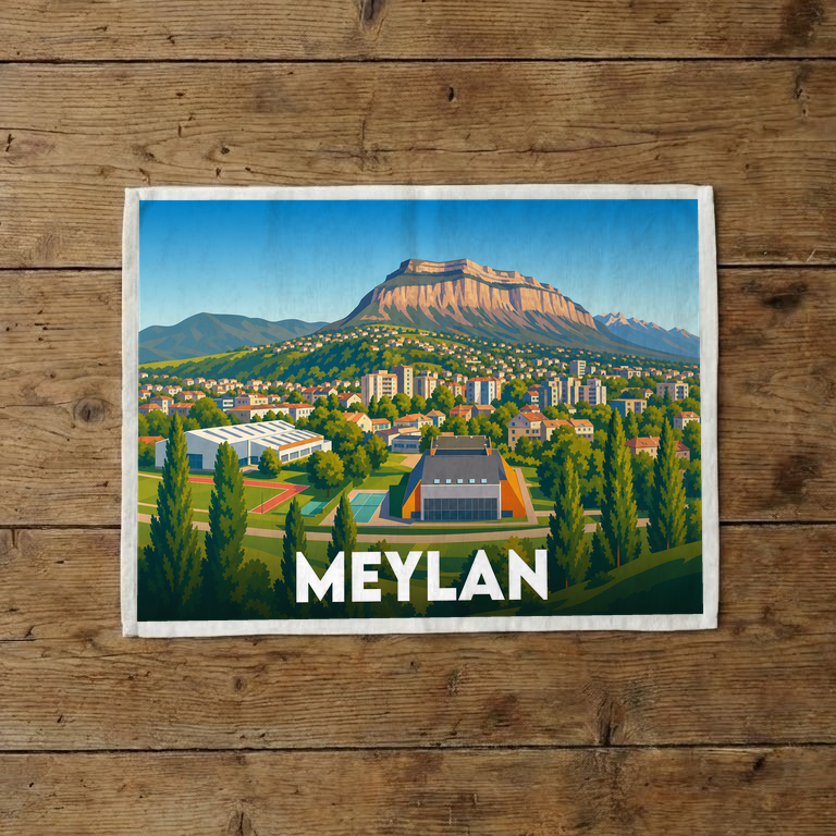 Torchon souvenir de la ville de Meylan illustré par une vue panoramique stylisée de la commune au pied d'une montagne.