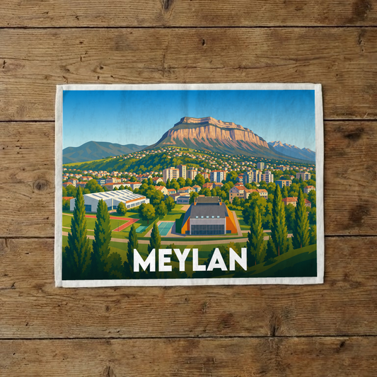 Torchon souvenir de la ville de Meylan illustré par une vue panoramique stylisée de la commune au pied d'une montagne.