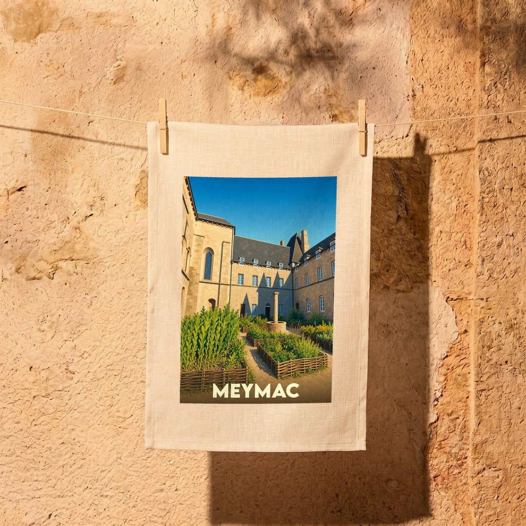 Torchon souvenir de la ville de Meymac avec une illustration stylisée d'un jardin de cloître.