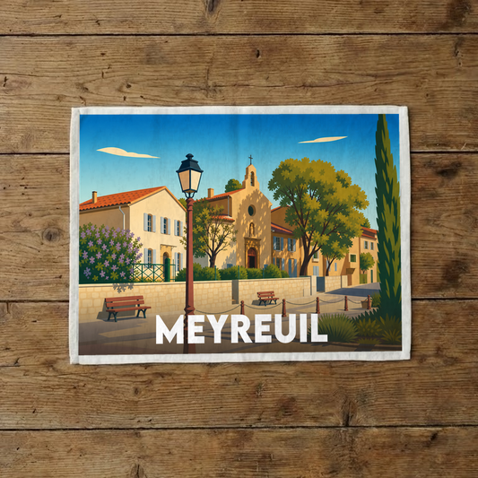Torchon souvenir de la ville de Meyreuil avec une illustration stylisée d'un village provençal ensoleillé.