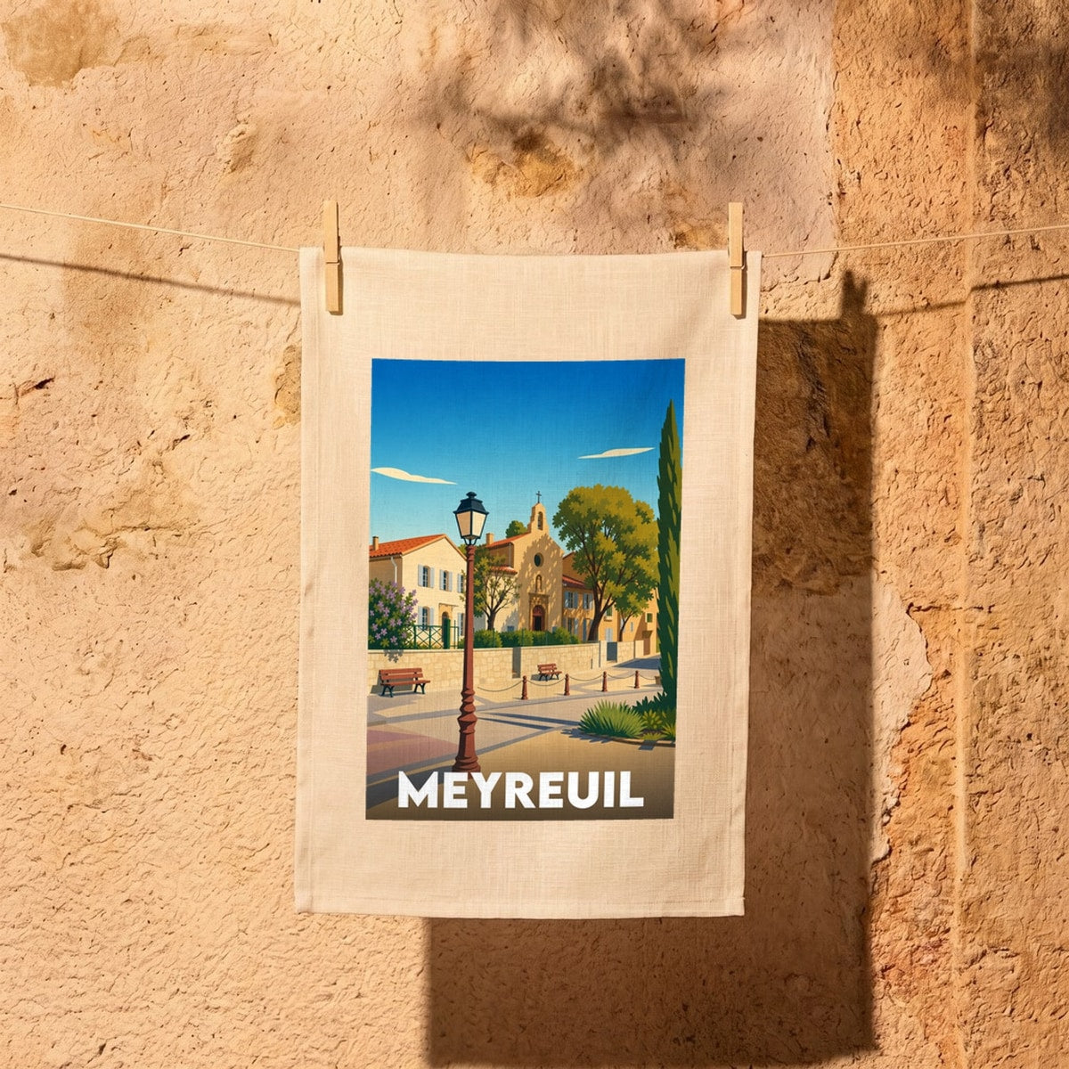 Torchon souvenir de la ville de Meyreuil avec une illustration stylisée d'un village provençal ensoleillé.