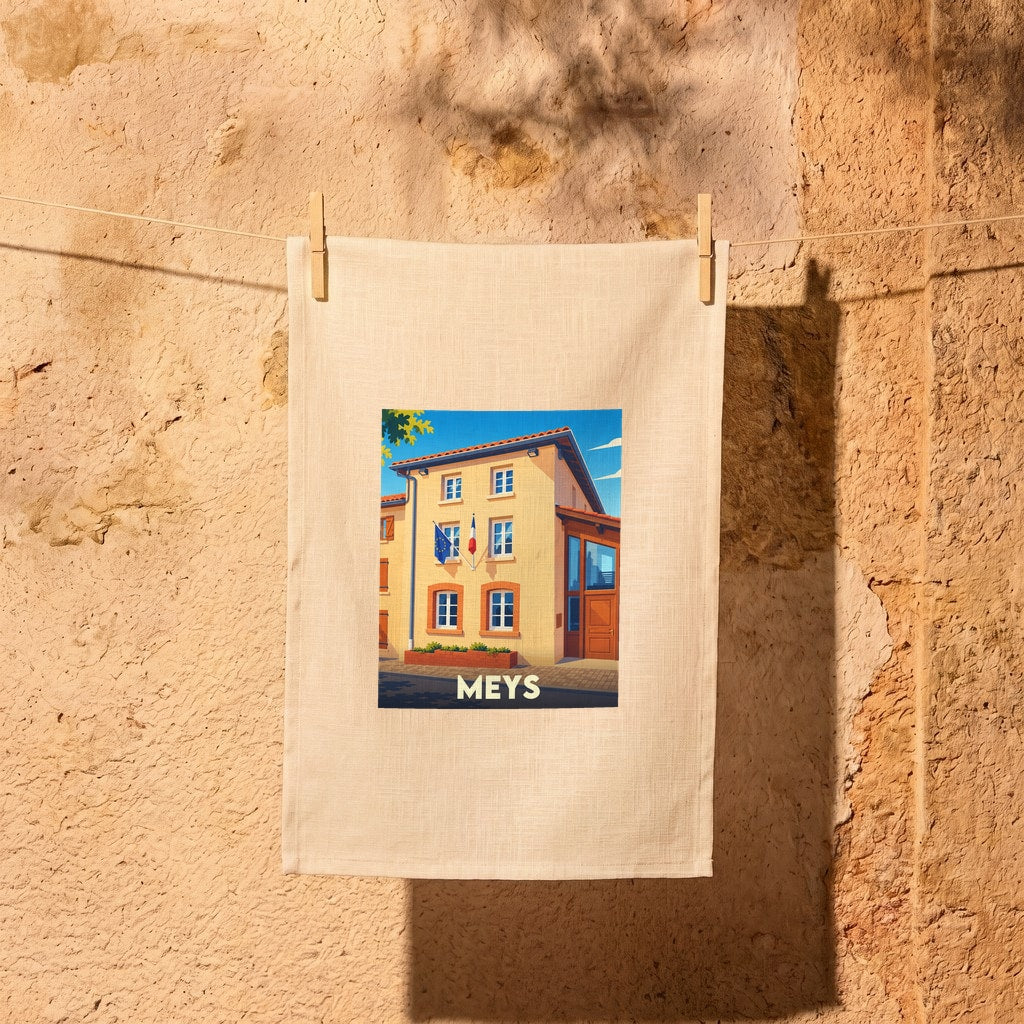 Torchon souvenir de la ville de Meys avec une illustration stylisée.
