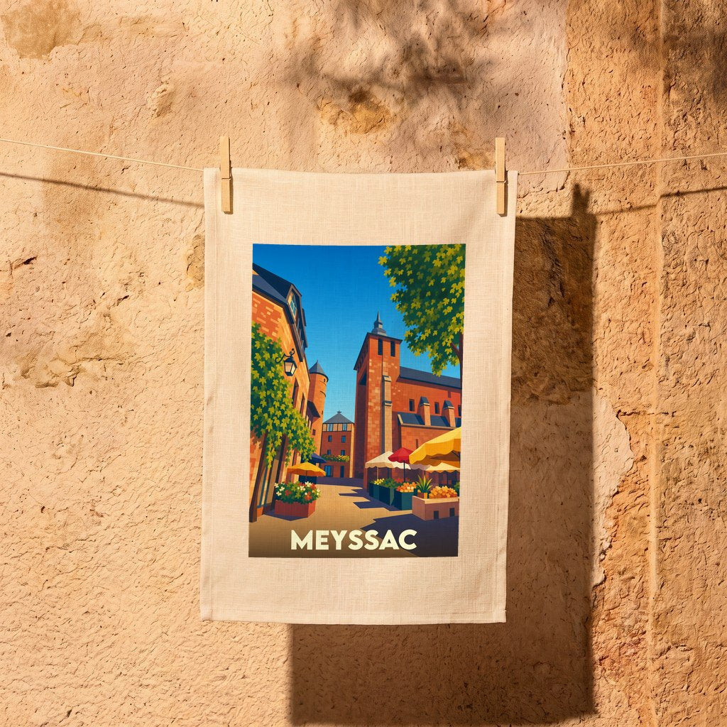 Torchon souvenir de la ville de Meyssac avec une illustration colorée représentant ses bâtiments en pierre rouge.