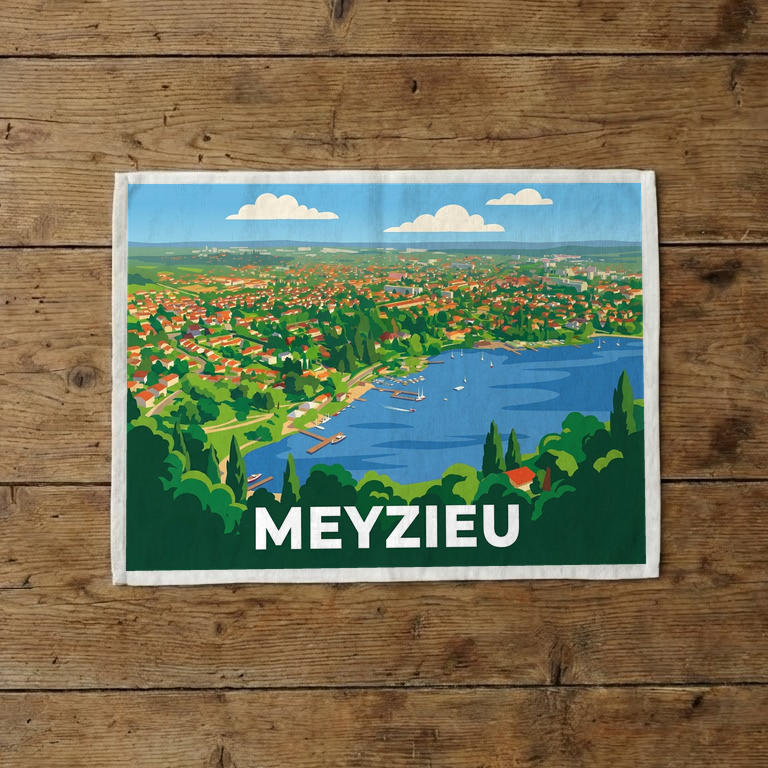 Torchon souvenir de la ville de Meyzieu avec une illustration stylisée de son paysage et du lac.