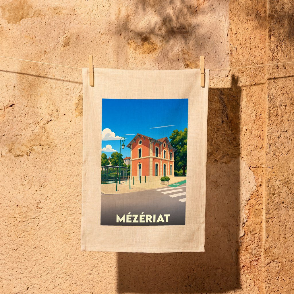 Torchon souvenir de la ville de Mézériat illustré par un dessin stylisé de son ancienne gare.