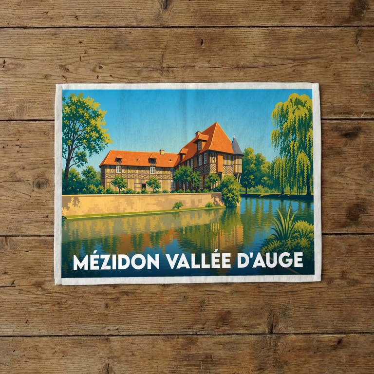 Torchon souvenir de la ville de Mézidon Vallée d'Auge avec une illustration stylisée d'un manoir normand au bord de l'eau.
