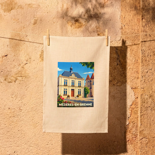 Torchon souvenir de la ville de Mézières-en-Brenne avec une illustration colorée de l'hôtel de ville.