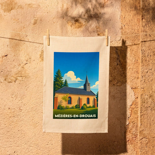 Torchon souvenir de la ville de Mézières-en-Drouais avec une illustration stylisée de son église.
