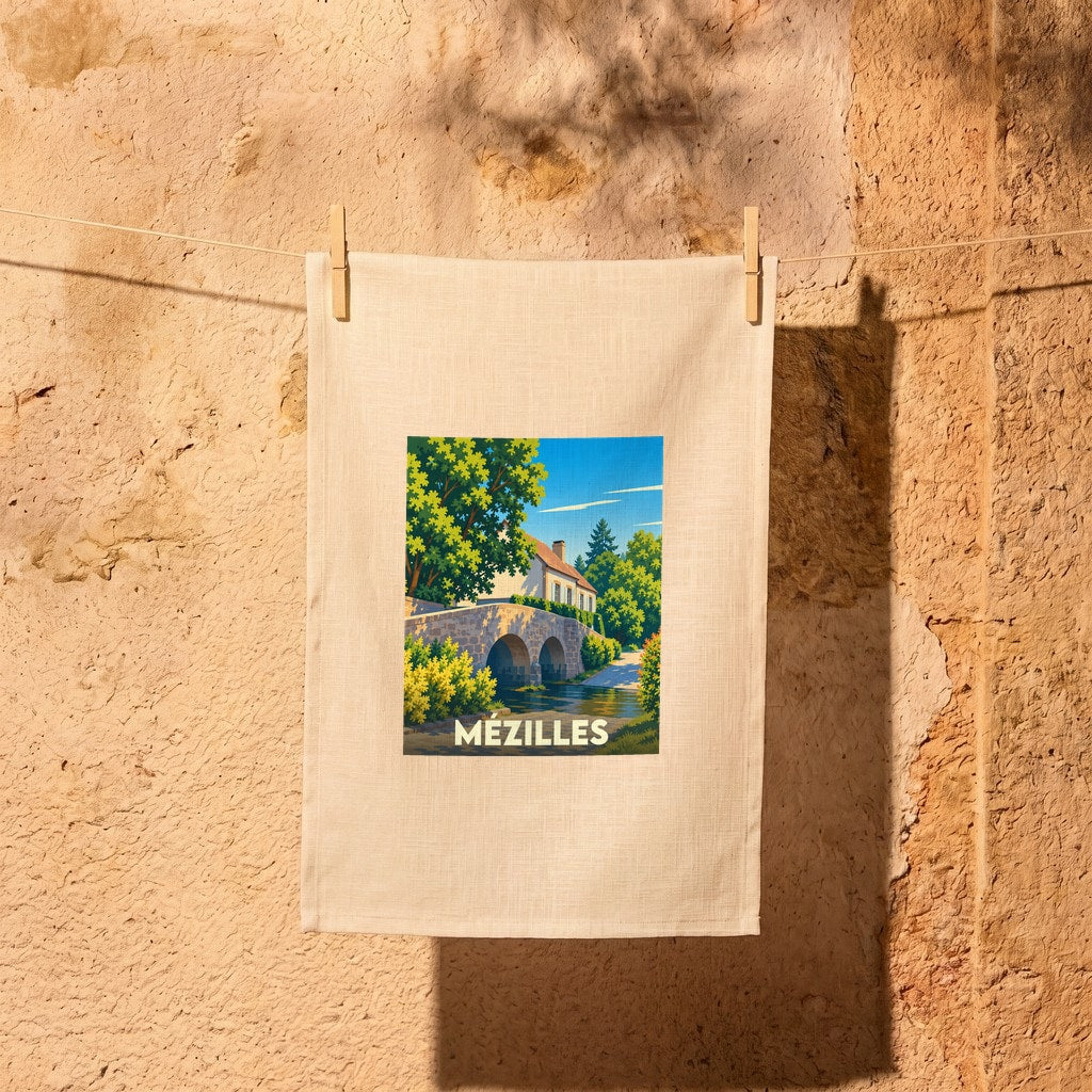 Torchon souvenir de la ville de Mézilles avec une illustration stylisée d'un pont en pierre.